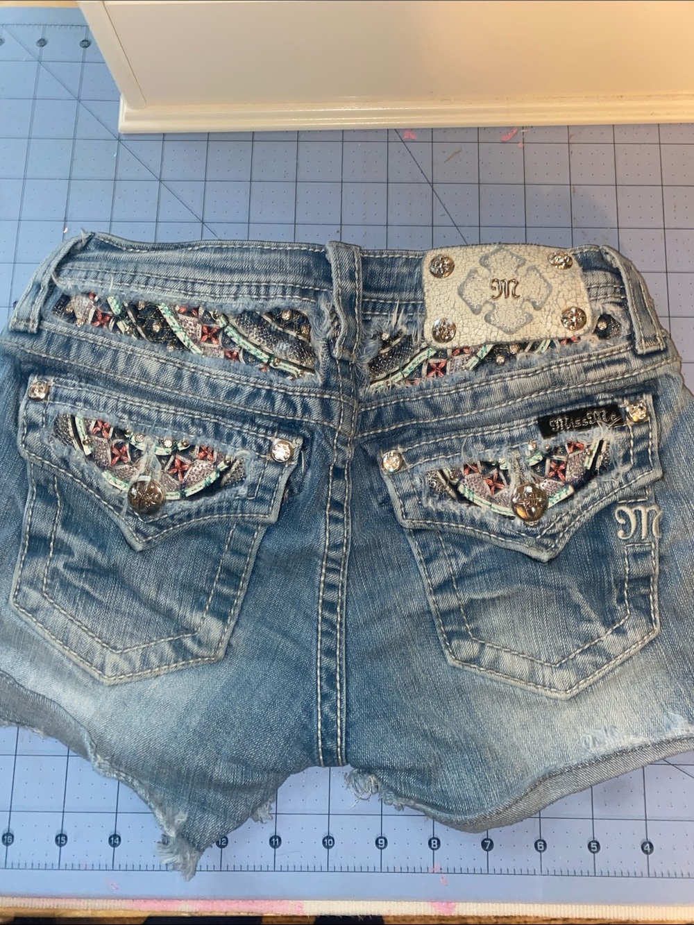 Girls Miss Me Light Blue Denim Embellished Pocket Shorts with Multicolor Trim